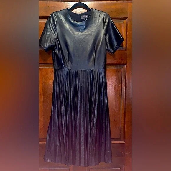 Gracia | Dresses | Gracia Crew Neck Flare Pleated Aline Midi Pleather Dress  | Poshmark